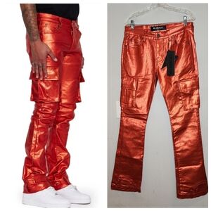 NWT Valabasas Van Gogh Orange Shiny Waxed Stacked Jeans Men's Size 32×34